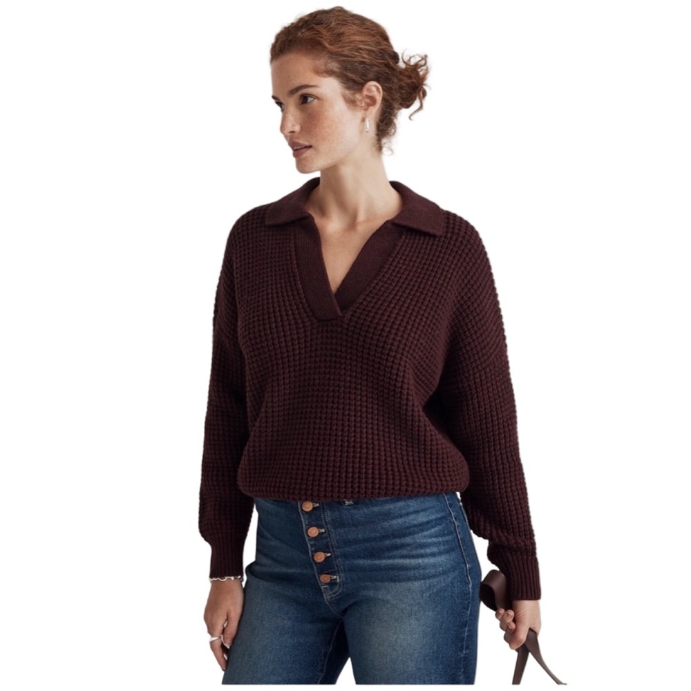 Madewell Women Waffle Knit Henley‎ Sweater Burgundy Cotton Merino Wool XS/S EUC